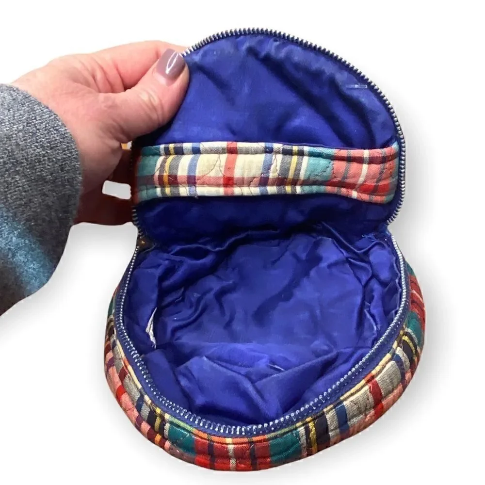 Morrillcraft blue and red circular madras plaid zippered bag -make up CDs misc